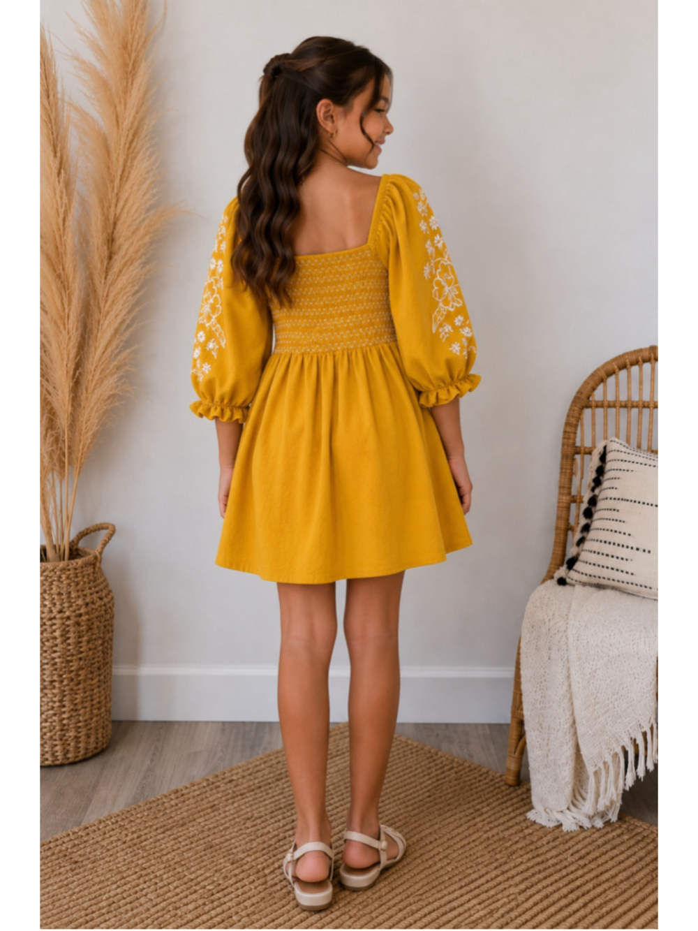 Speechless Girls Mustard Yellow Smocked Embroidered Dress Size 8